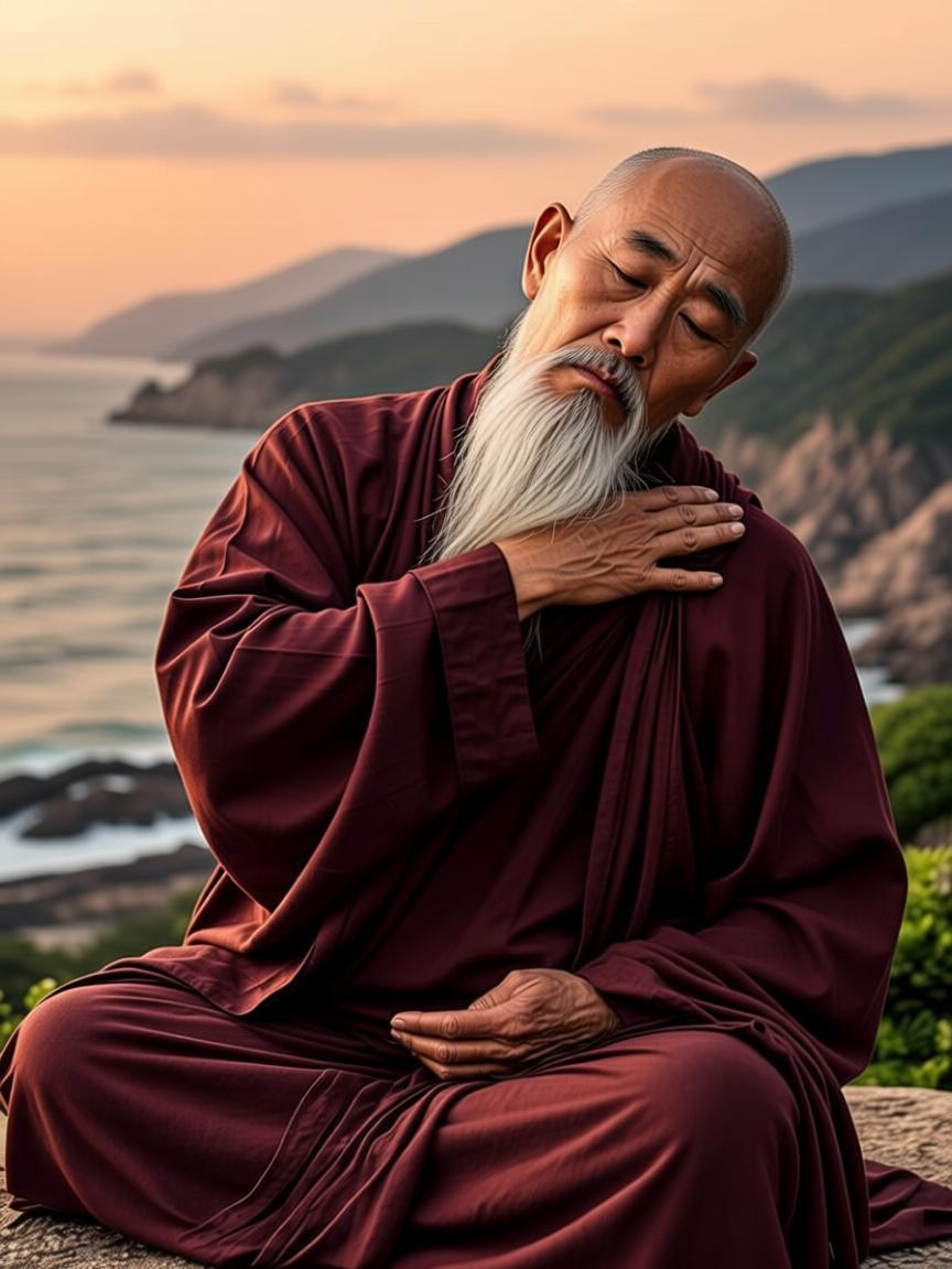 Master Tenzin tilting his head in a slow neck stretch